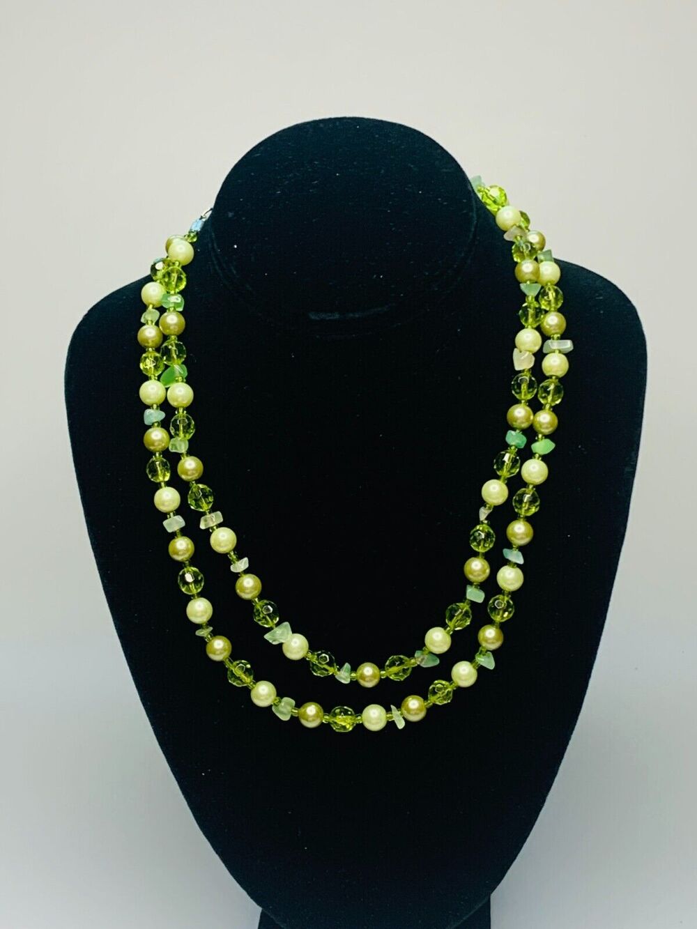 Green Beaded 2 Strand Necklace, Glass Beads, Faux Green Pearls, 18 Length